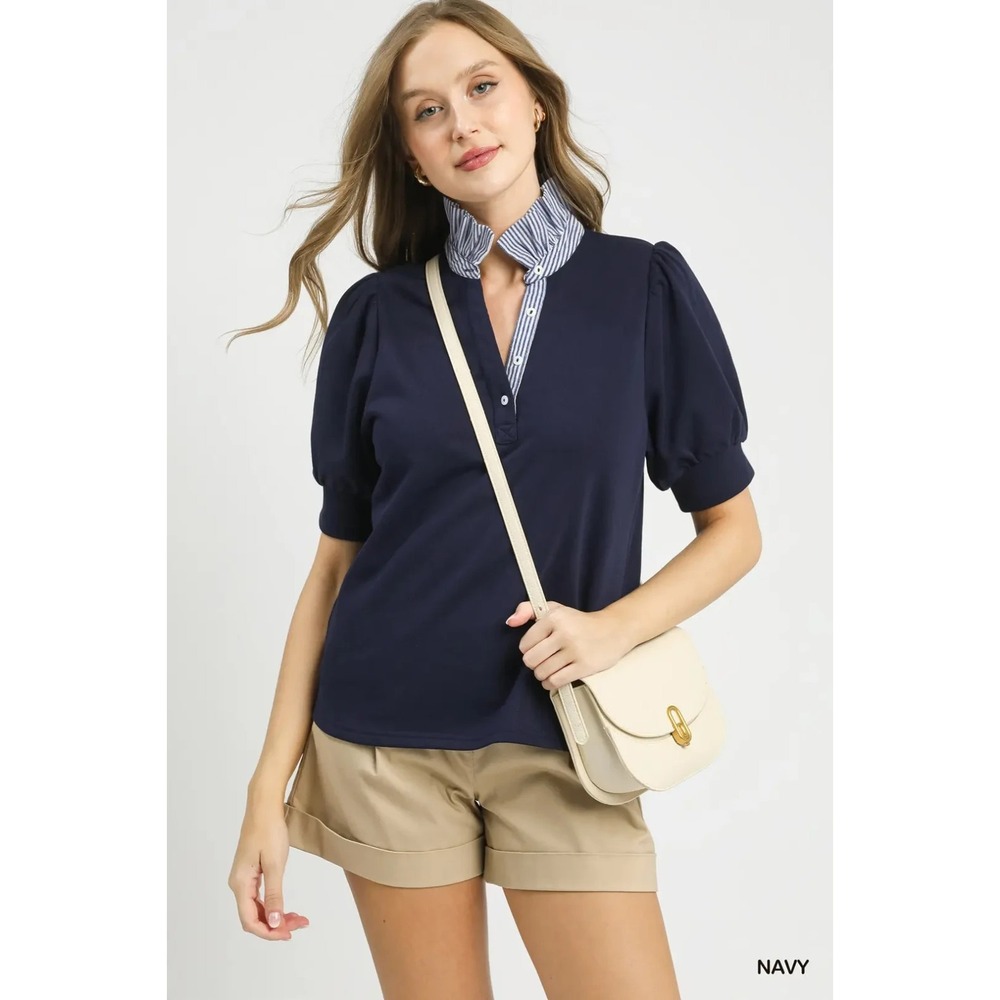 Umgee Striped Collar Popover Top -‎ Small